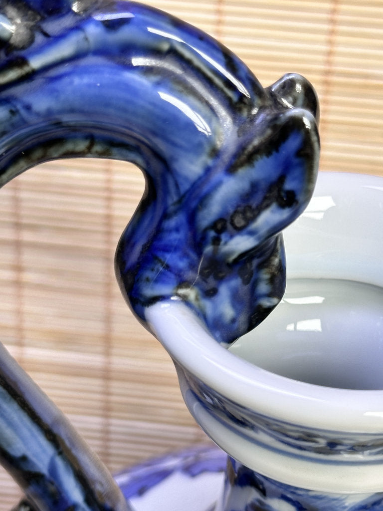 Vintage Japanese Blue and White Porcelain Ewer, Dragon Handle Peony Design