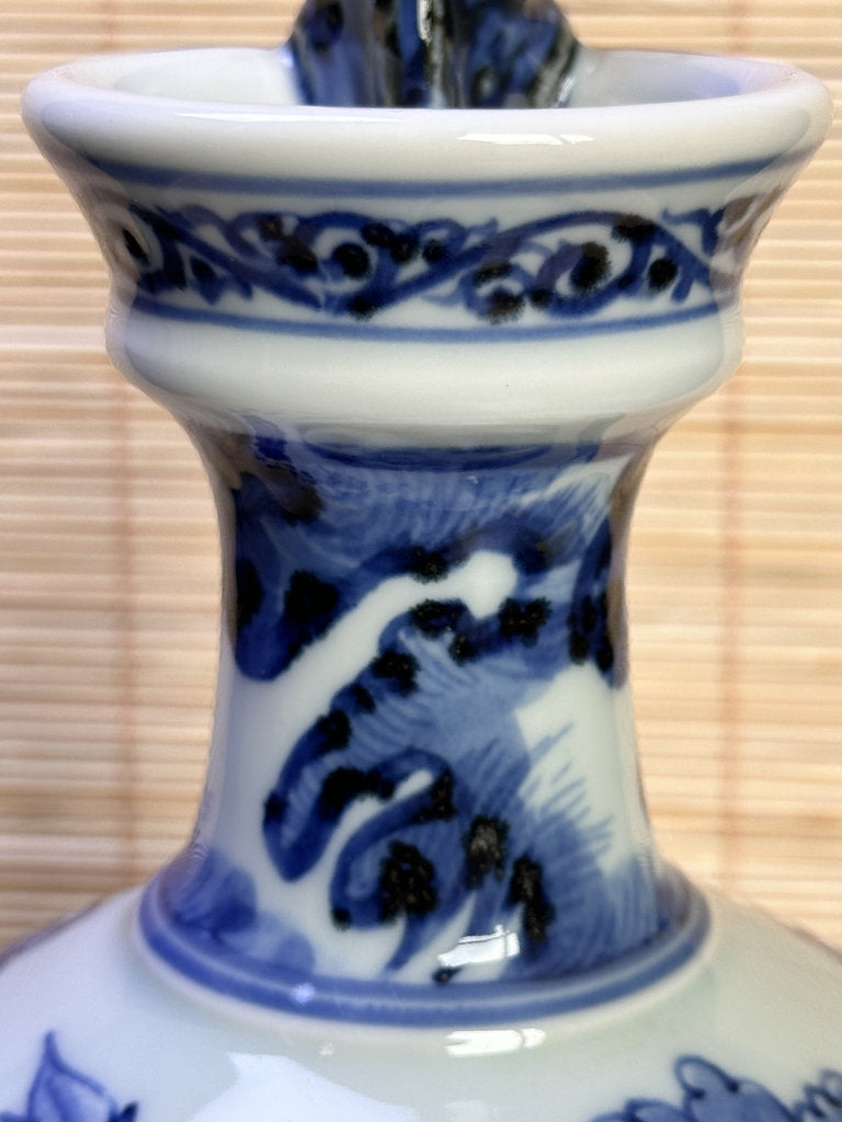 Vintage Japanese Blue and White Porcelain Ewer, Dragon Handle Peony Design