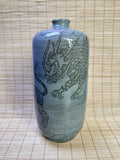 Vintage Japanese Celadon Vase, Hand-Carved Dragon and Tiger Design