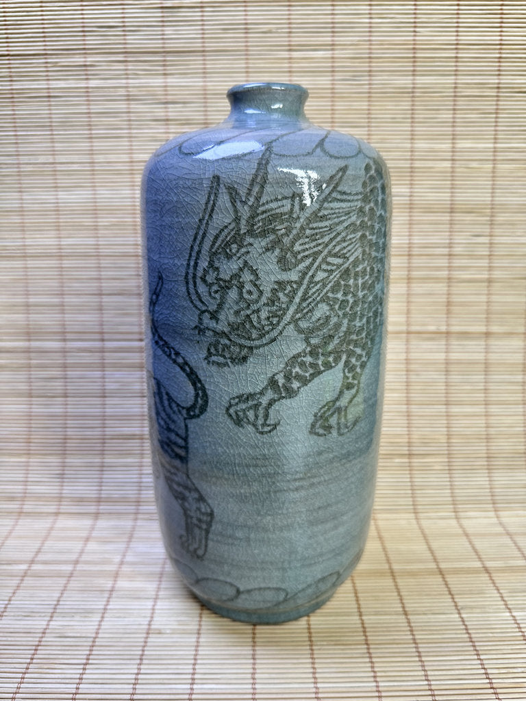 Vintage Japanese Celadon Vase, Hand-Carved Dragon and Tiger Design