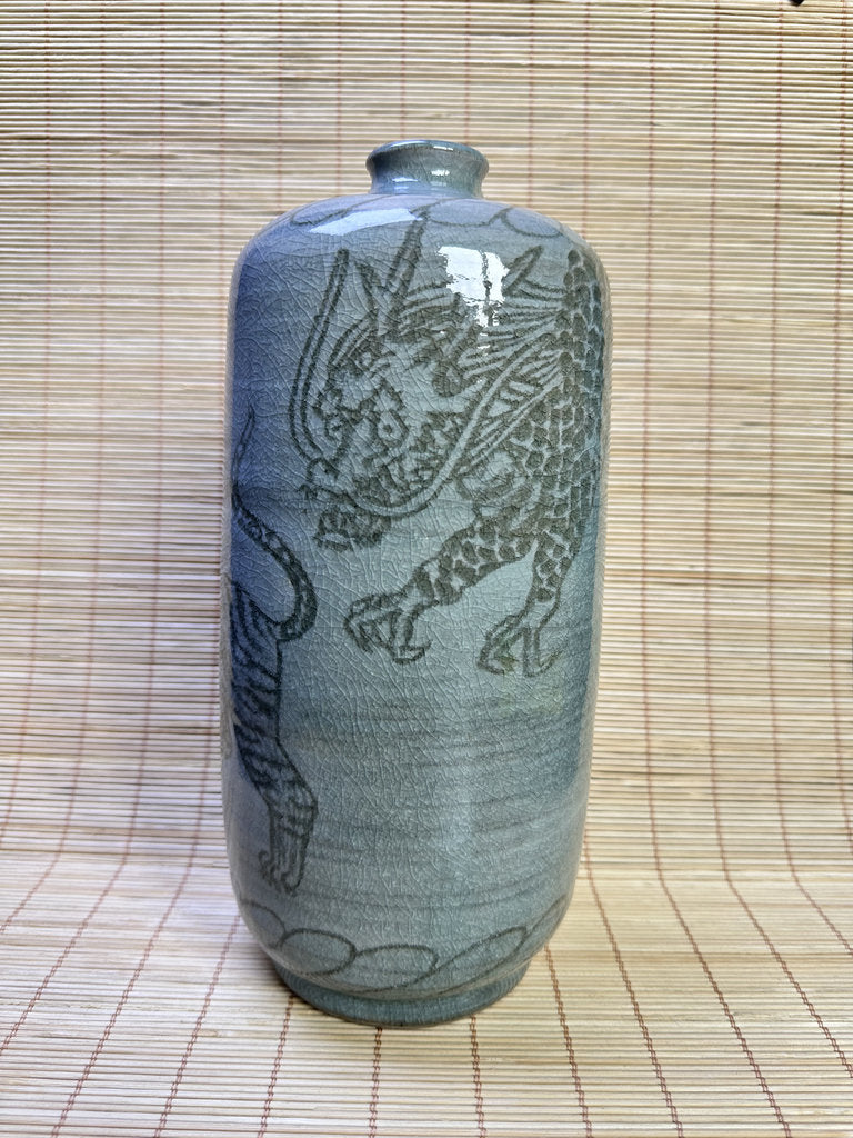 Vintage Japanese Celadon Vase, Hand-Carved Dragon and Tiger Design
