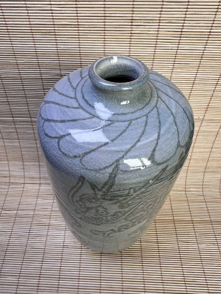 Vintage Japanese Celadon Vase, Hand-Carved Dragon and Tiger Design