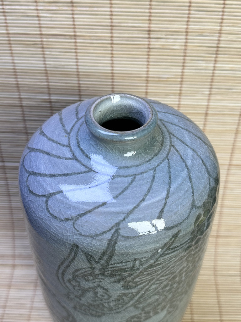 Vintage Japanese Celadon Vase, Hand-Carved Dragon and Tiger Design