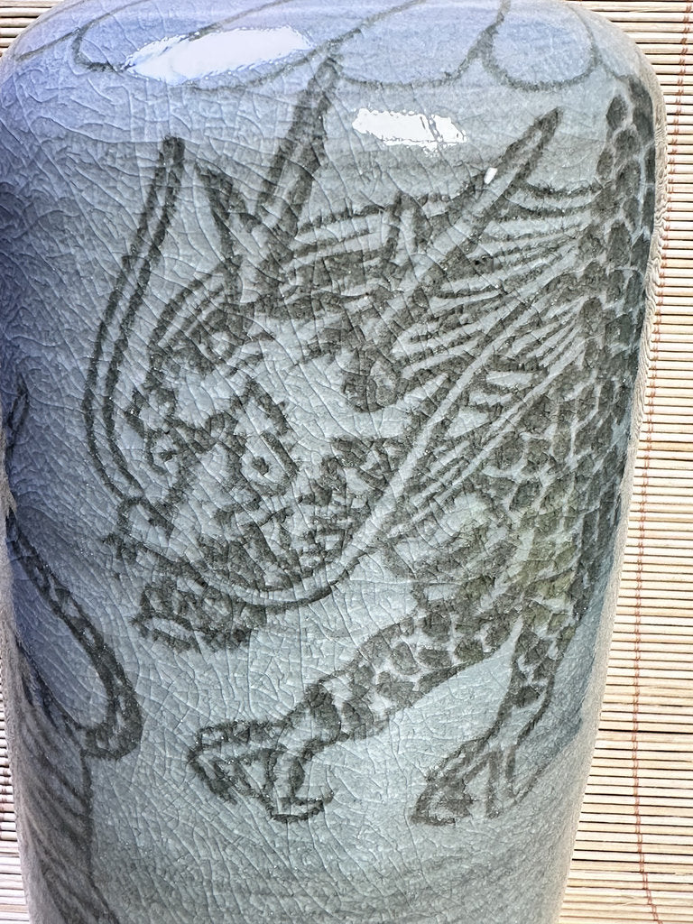 Vintage Japanese Celadon Vase, Hand-Carved Dragon and Tiger Design