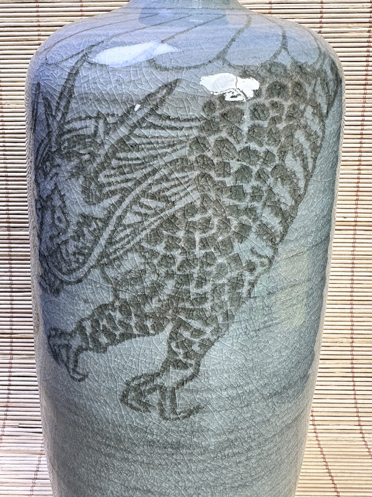 Vintage Japanese Celadon Vase, Hand-Carved Dragon and Tiger Design