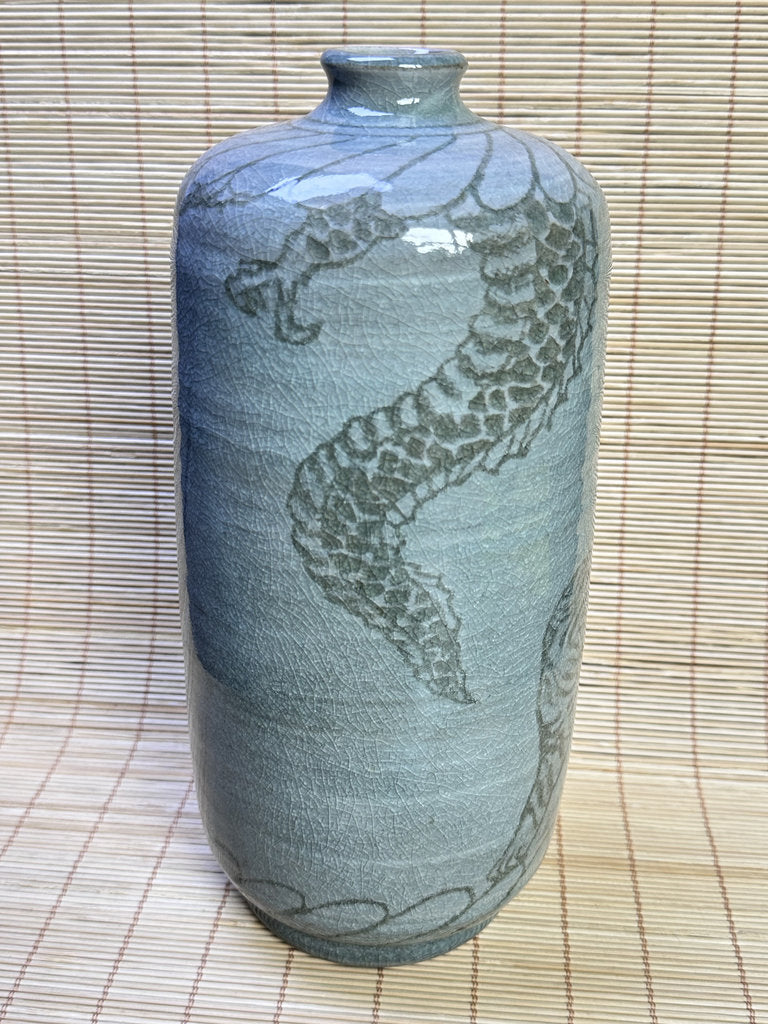 Vintage Japanese Celadon Vase, Hand-Carved Dragon and Tiger Design
