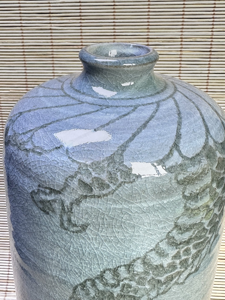 Vintage Japanese Celadon Vase, Hand-Carved Dragon and Tiger Design