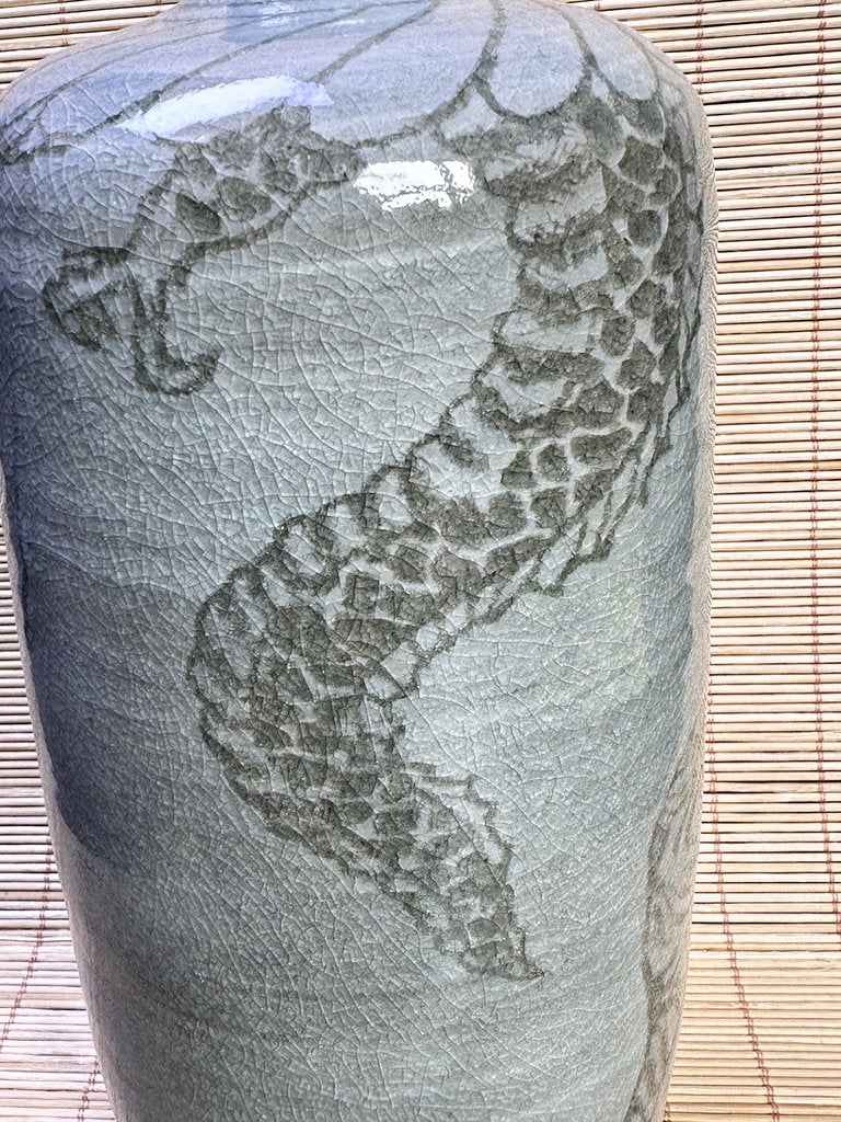 Vintage Japanese Celadon Vase, Hand-Carved Dragon and Tiger Design
