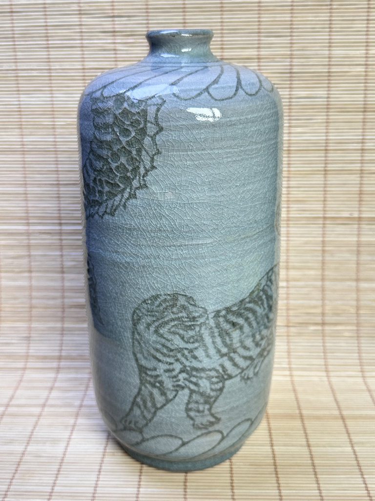 Vintage Japanese Celadon Vase, Hand-Carved Dragon and Tiger Design