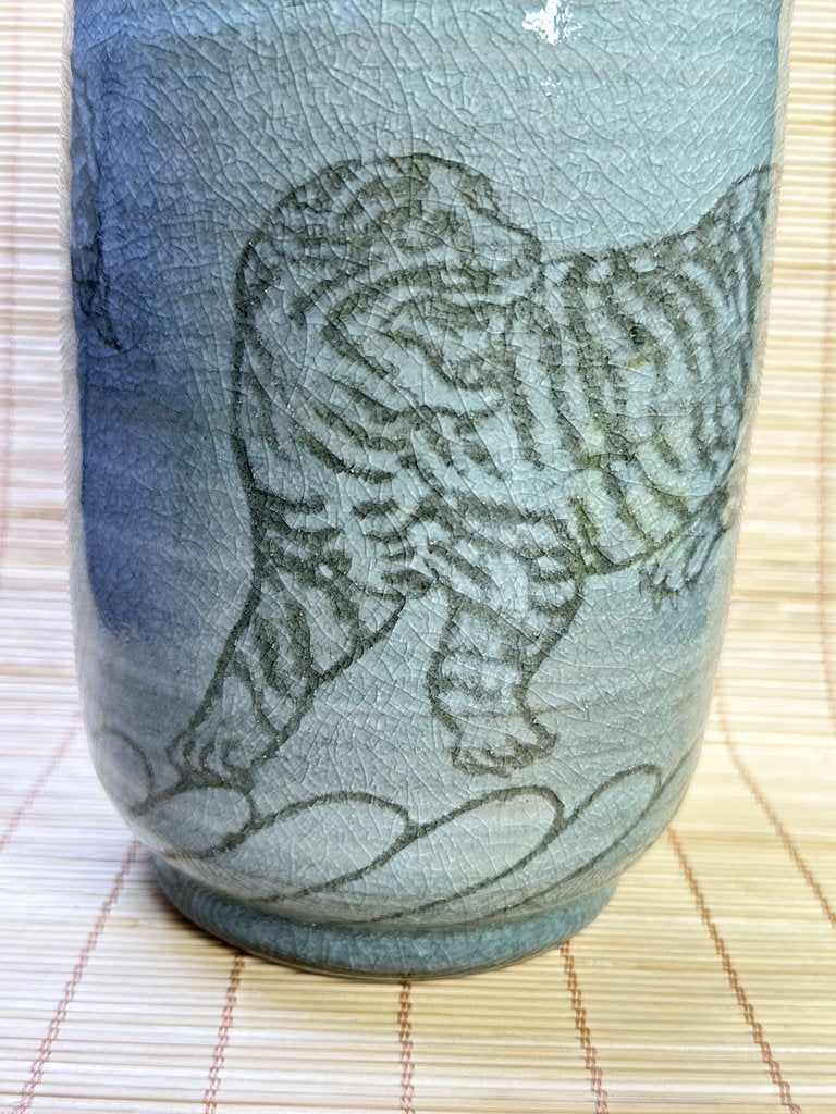 Vintage Japanese Celadon Vase, Hand-Carved Dragon and Tiger Design
