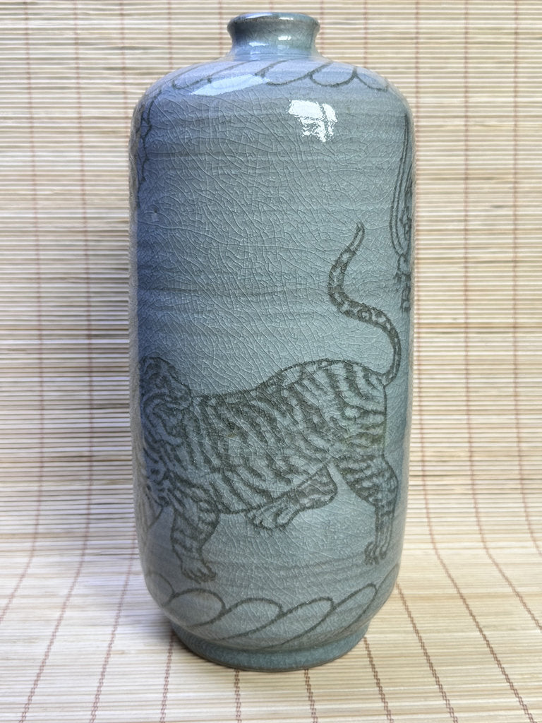 Vintage Japanese Celadon Vase, Hand-Carved Dragon and Tiger Design