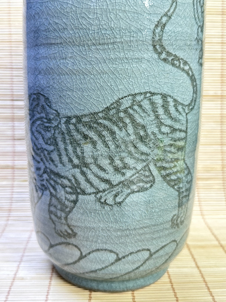 Vintage Japanese Celadon Vase, Hand-Carved Dragon and Tiger Design
