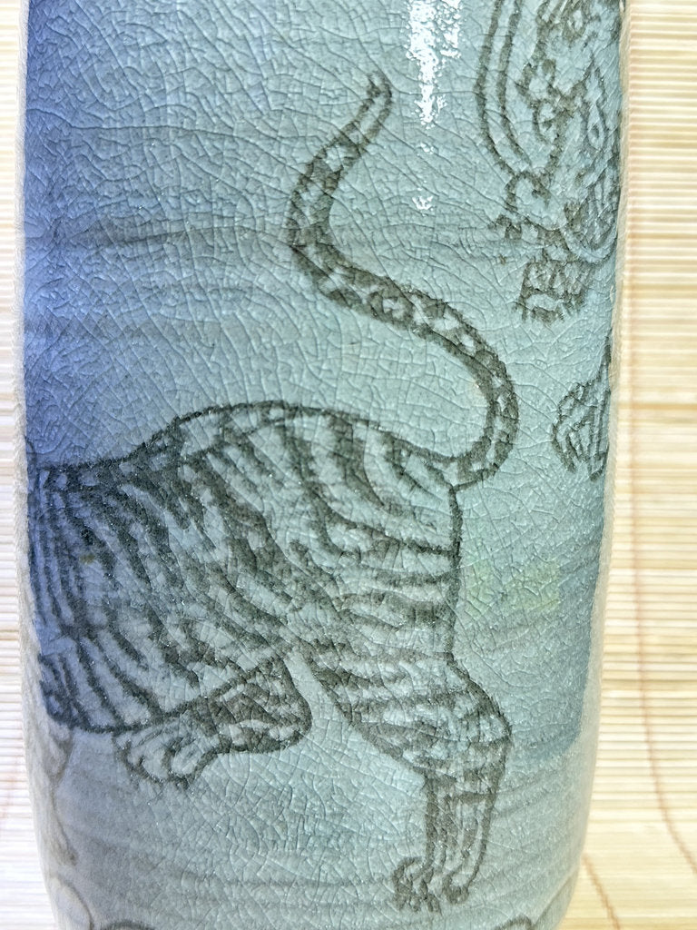 Vintage Japanese Celadon Vase, Hand-Carved Dragon and Tiger Design