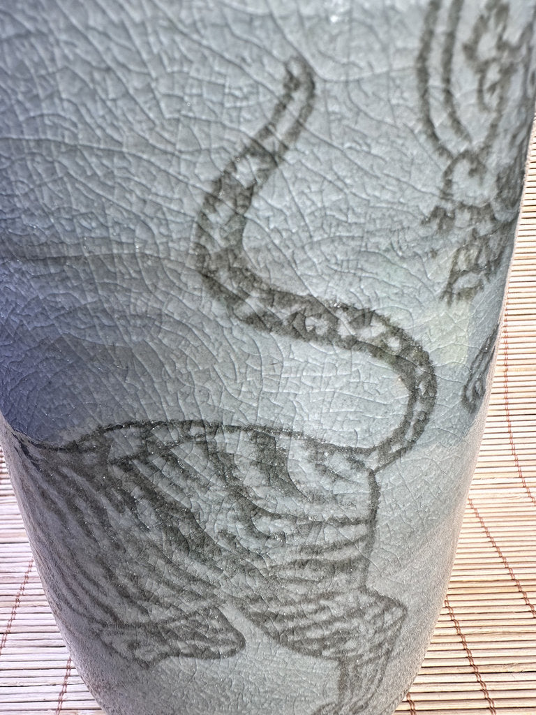 Vintage Japanese Celadon Vase, Hand-Carved Dragon and Tiger Design
