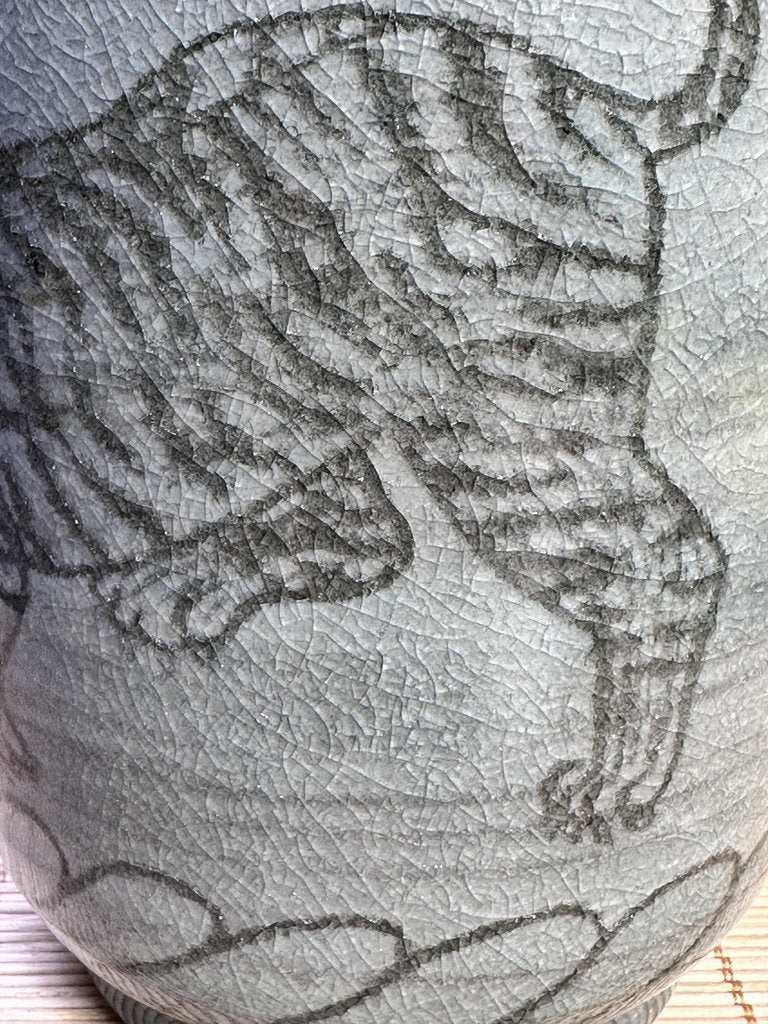 Vintage Japanese Celadon Vase, Hand-Carved Dragon and Tiger Design