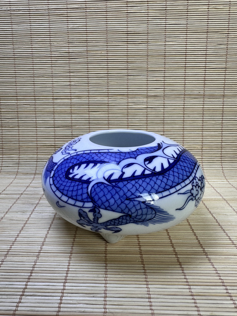 Vintage Japanese Porcelain Incense Burner, Blue Dragon Design, Tripod Censer