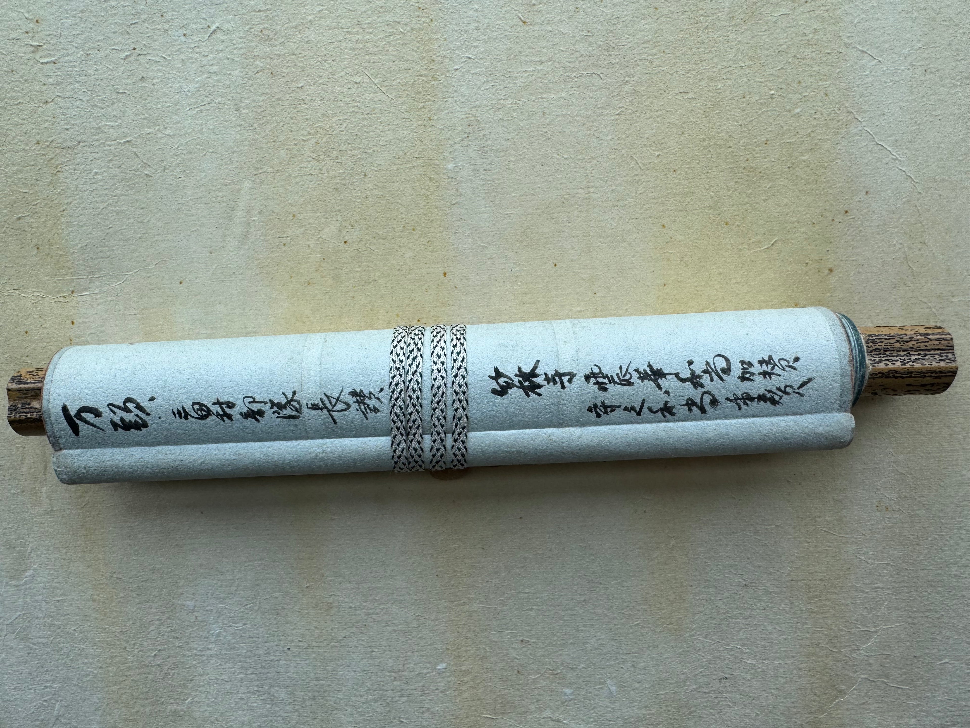 Zen Japanese Kakemono Calligraphy Scroll - “Mind in Daily Affairs” with Ink Dango Motif, Showa Period Style