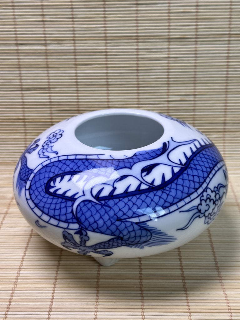 Vintage Japanese Porcelain Incense Burner, Blue Dragon Design, Tripod Censer