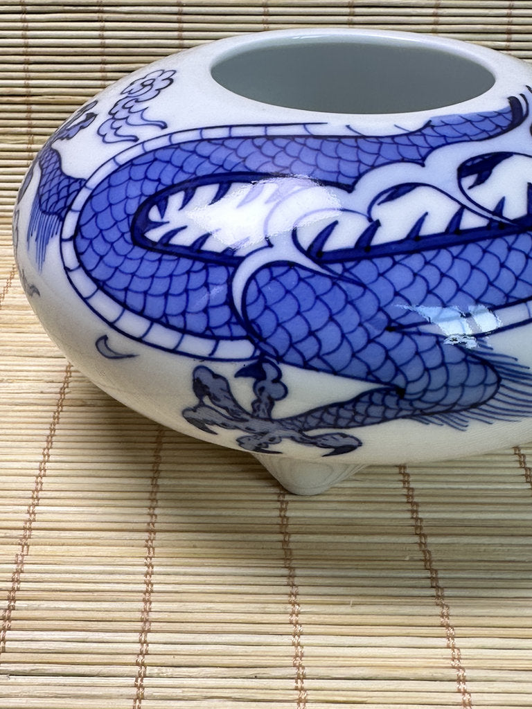 Vintage Japanese Porcelain Incense Burner, Blue Dragon Design, Tripod Censer