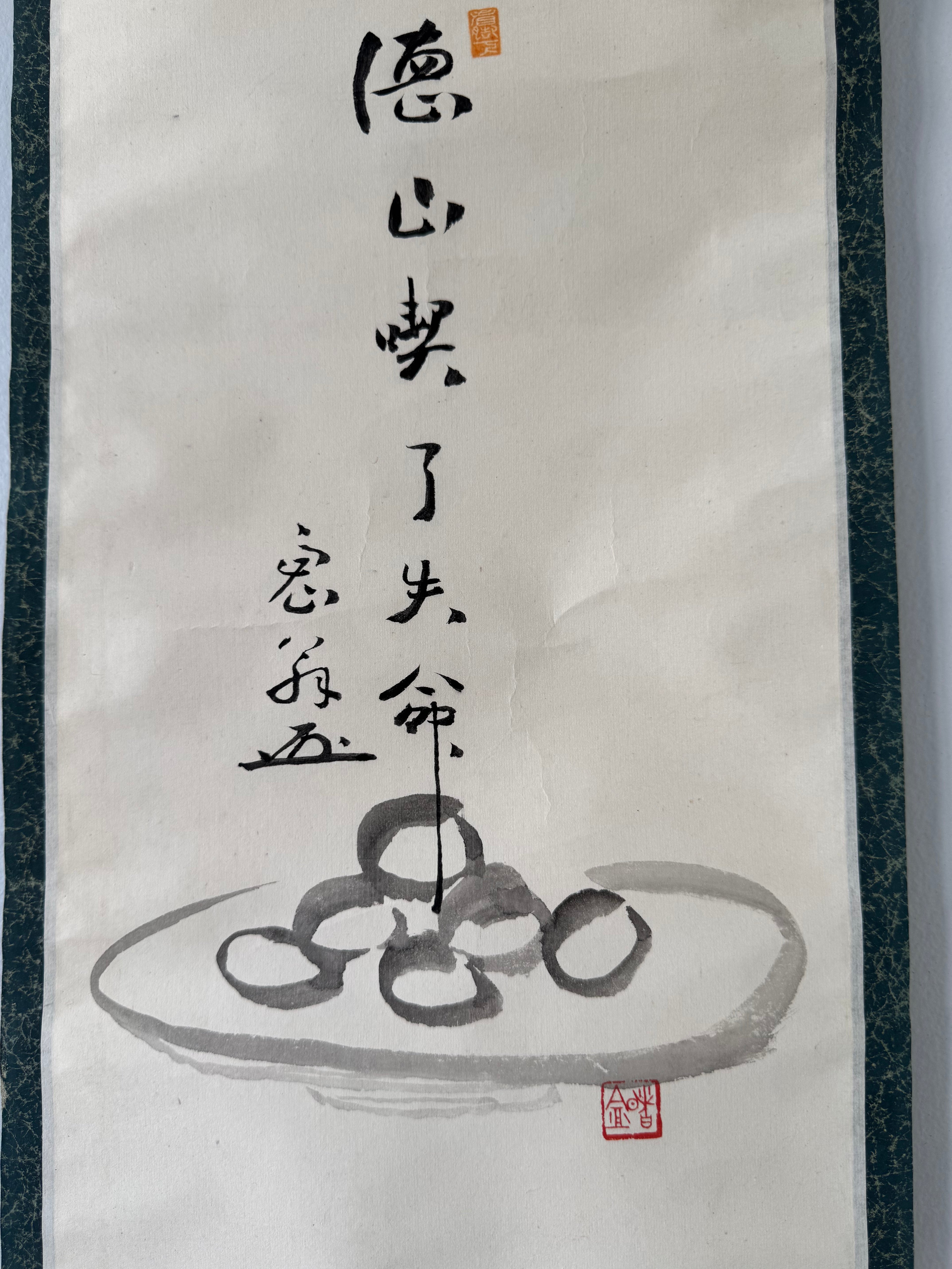Zen Japanese Kakemono Calligraphy Scroll - “Mind in Daily Affairs” with Ink Dango Motif, Showa Period Style