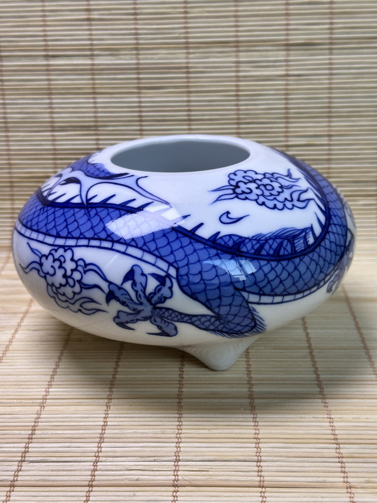 Vintage Japanese Porcelain Incense Burner, Blue Dragon Design, Tripod Censer