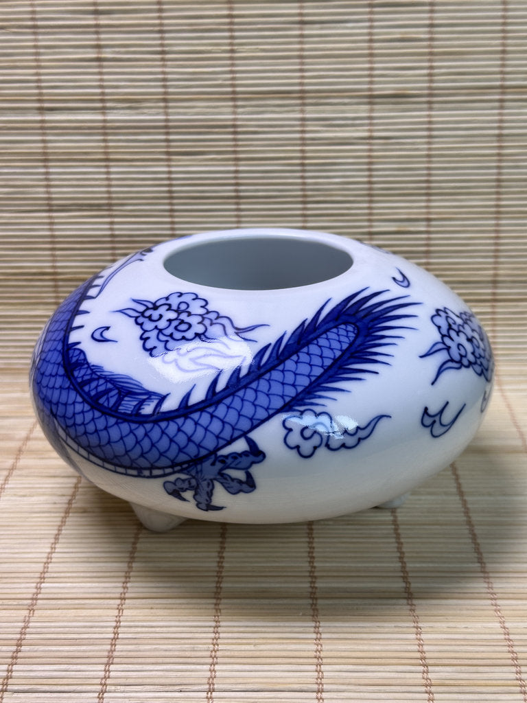 Vintage Japanese Porcelain Incense Burner, Blue Dragon Design, Tripod Censer