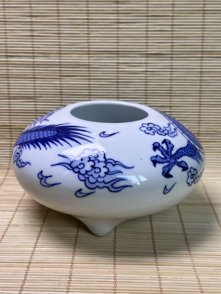 Vintage Japanese Porcelain Incense Burner, Blue Dragon Design, Tripod Censer