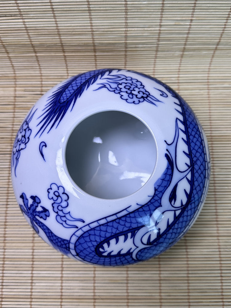 Vintage Japanese Porcelain Incense Burner, Blue Dragon Design, Tripod Censer
