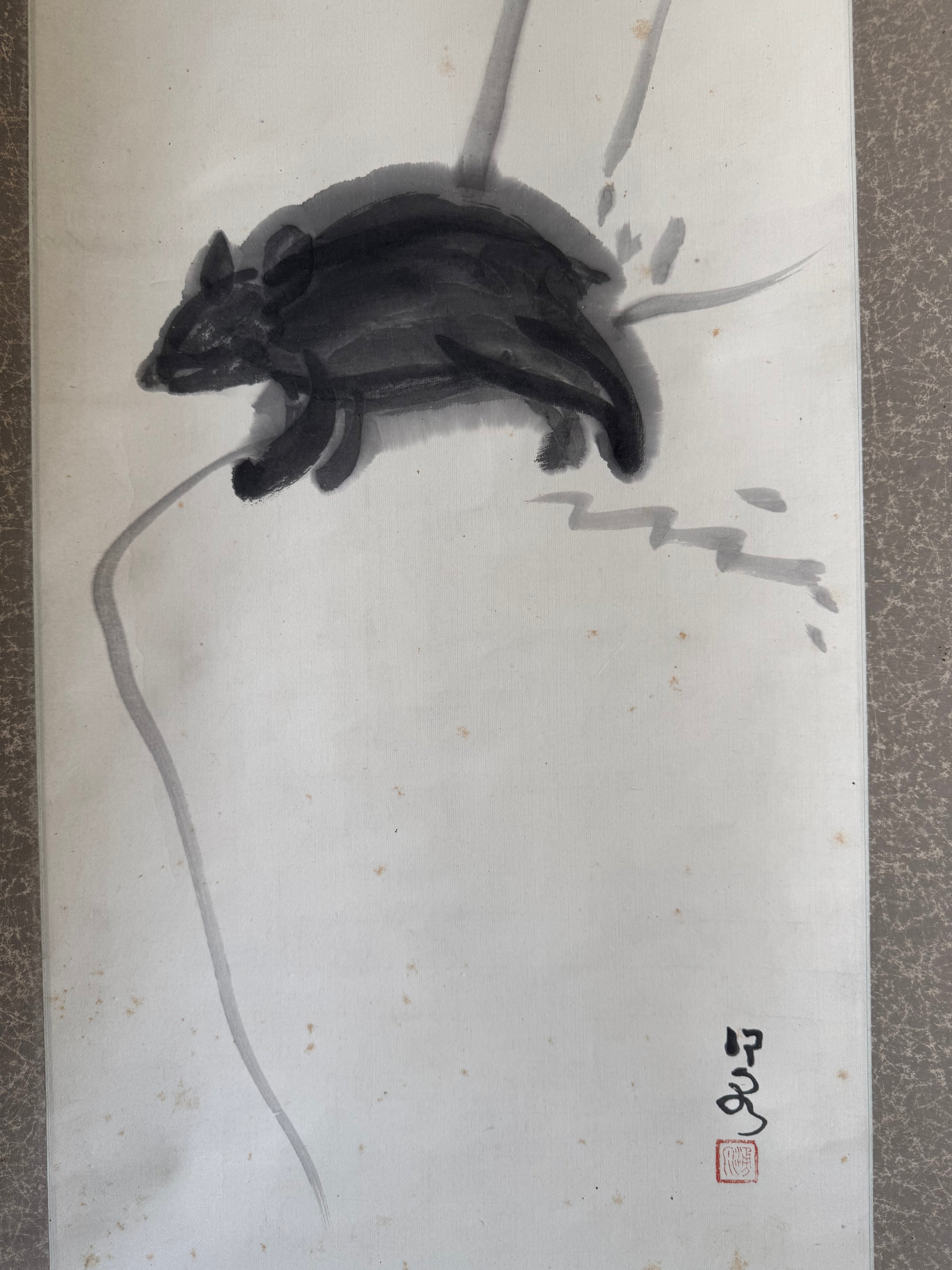Japanese Kakemono - Field Mouse Zenga with Calligraphy on Simplicity