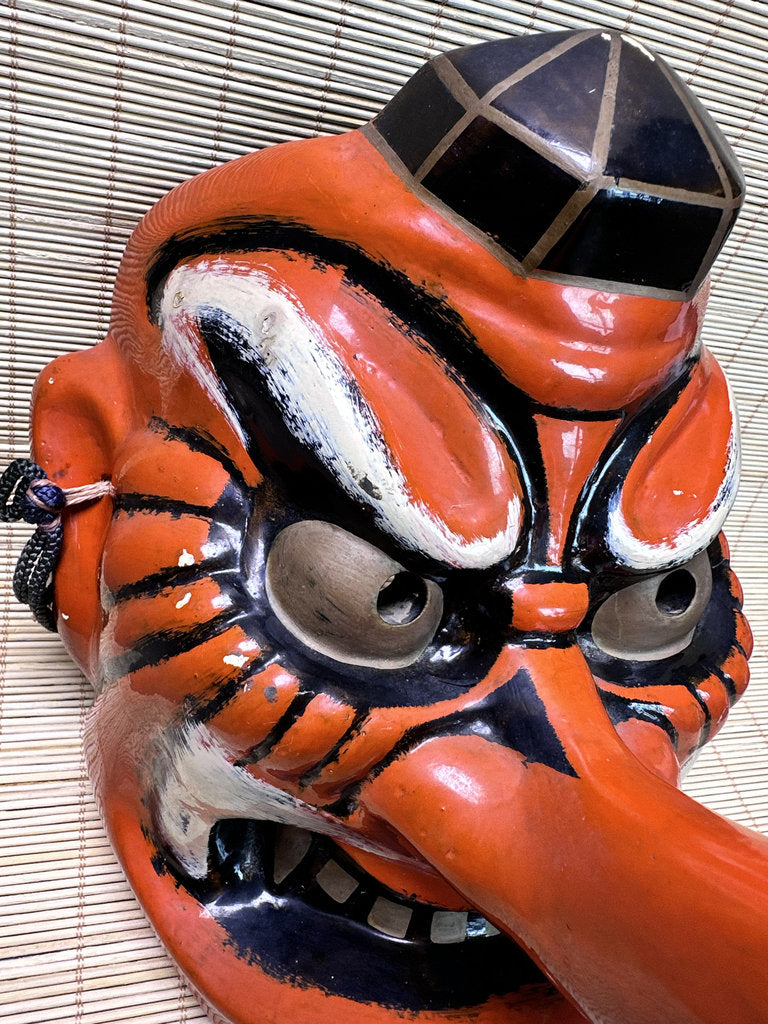 Vintage Japanese Tengu Mask, Long-Nose Wall Hanging Decor, Large Size