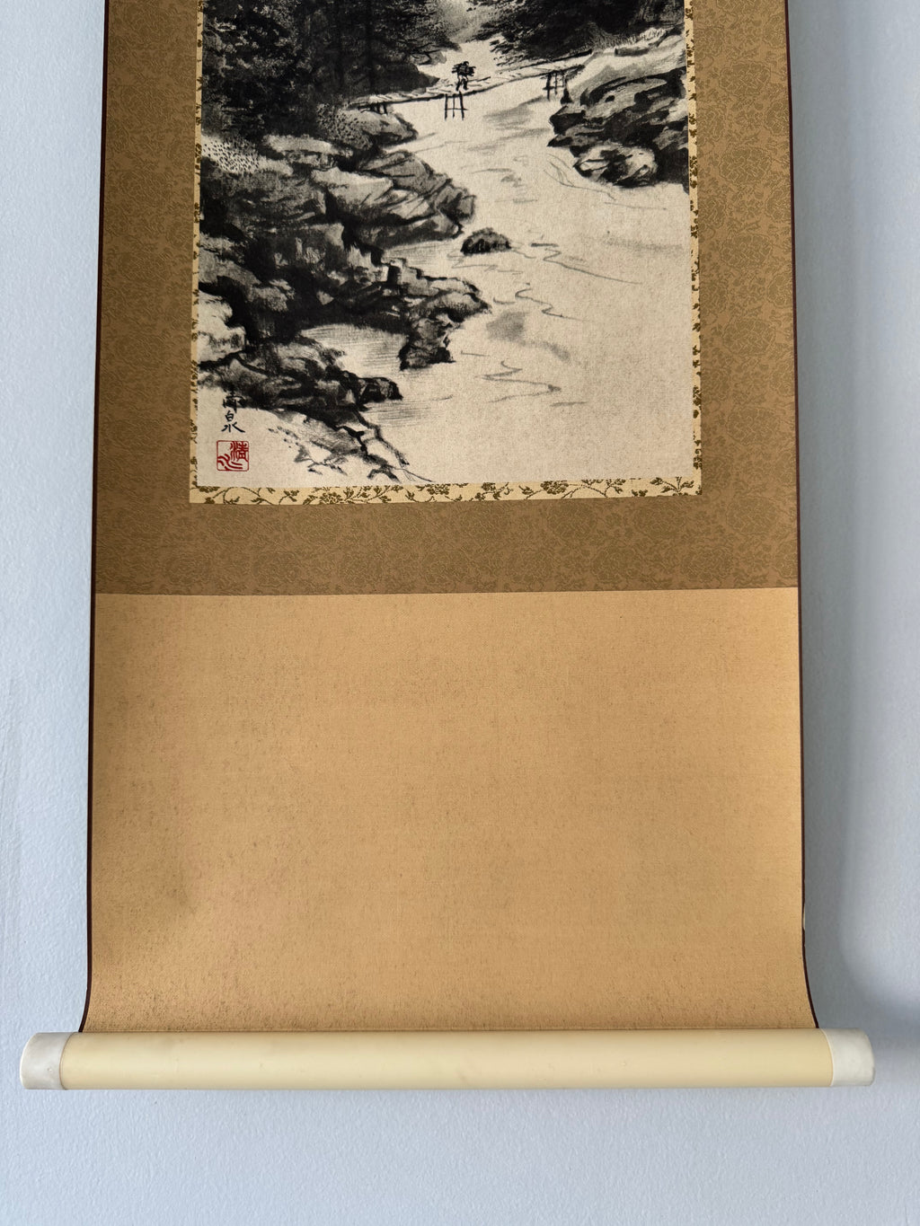 Japanese Sumi Landscape Kakemono - Mountain Gorge & Stream Hanging Scroll