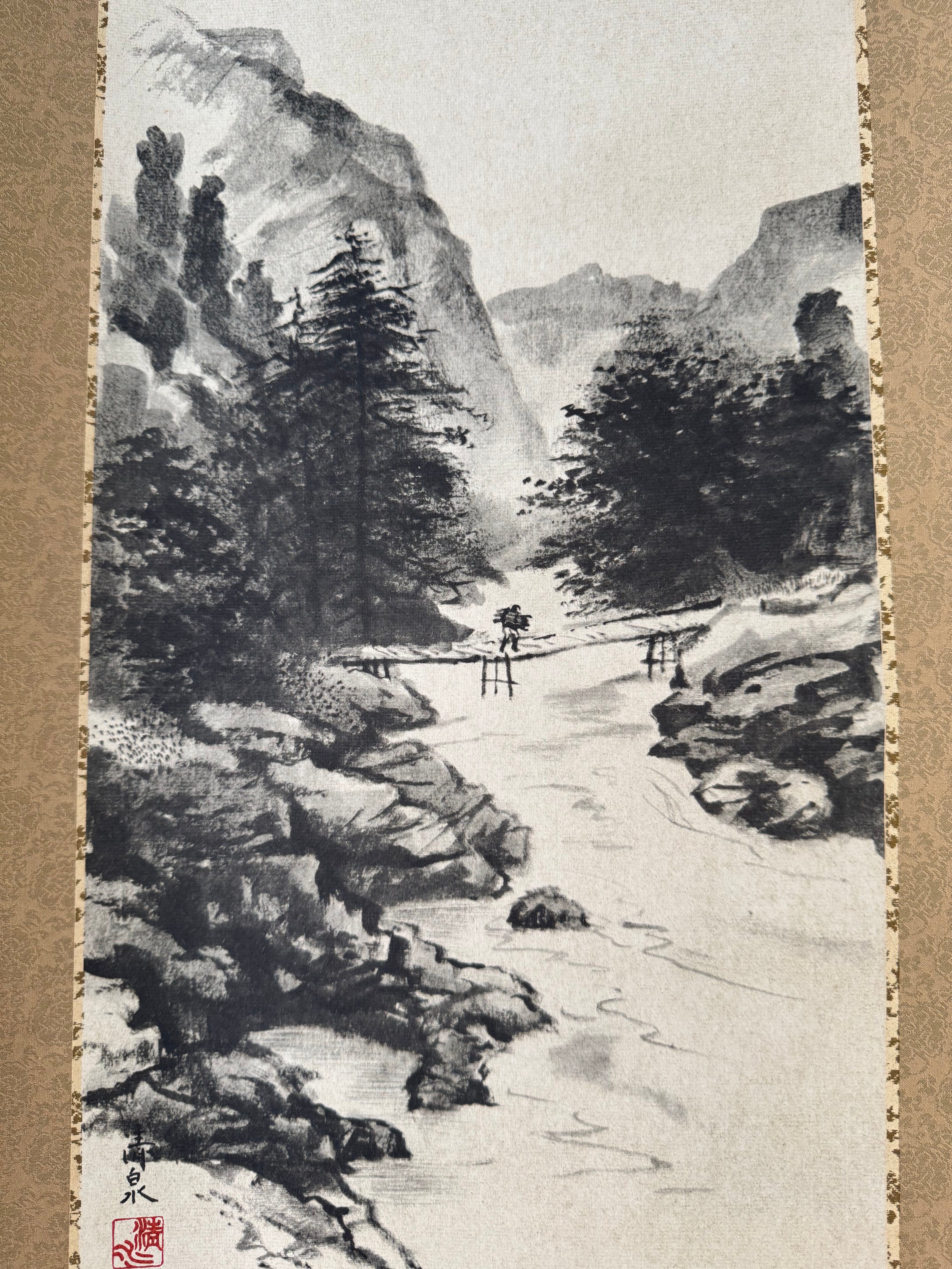 Japanese Sumi Landscape Kakemono - Mountain Gorge & Stream Hanging Scroll