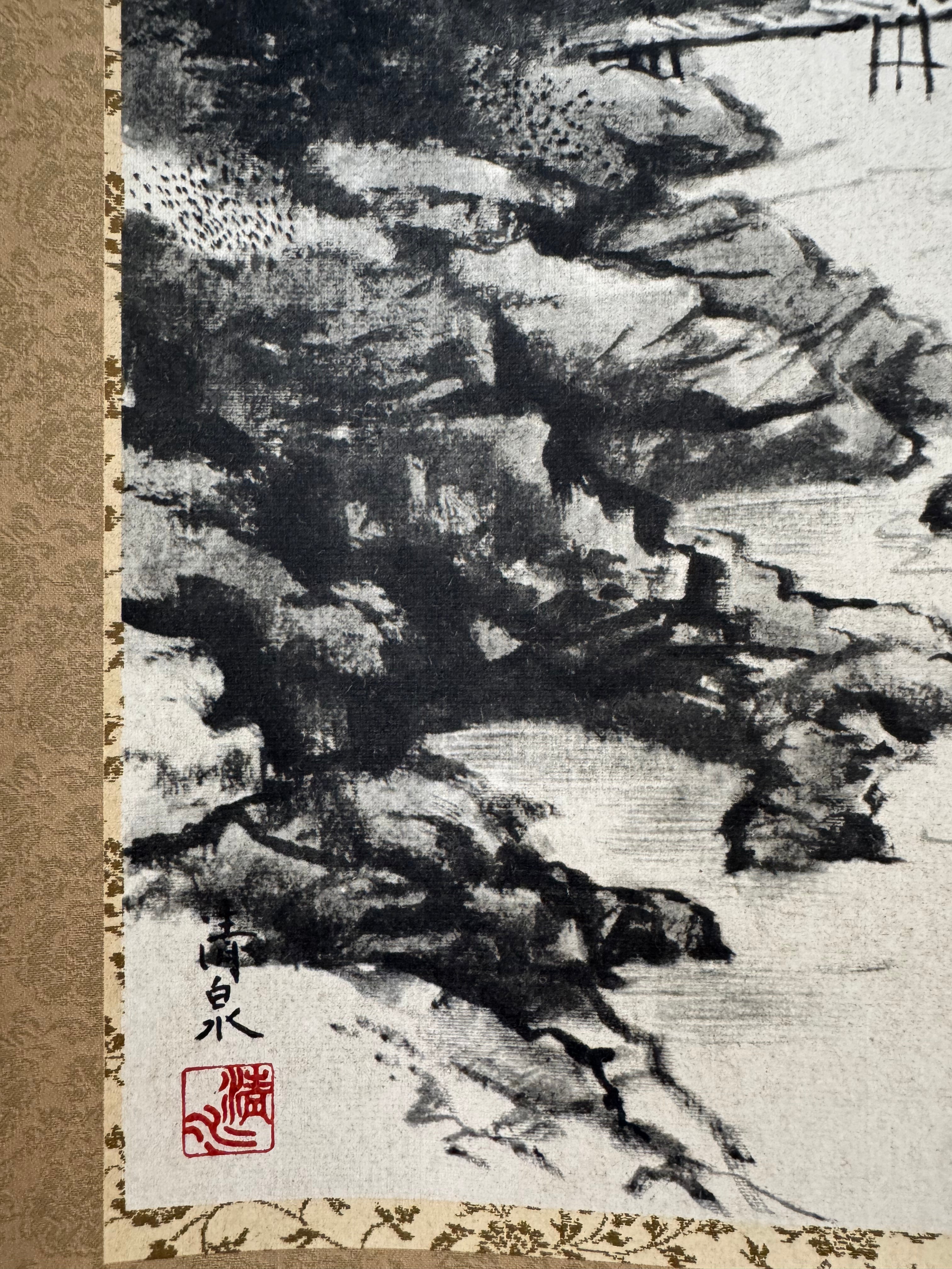 Japanese Sumi Landscape Kakemono - Mountain Gorge & Stream Hanging Scroll