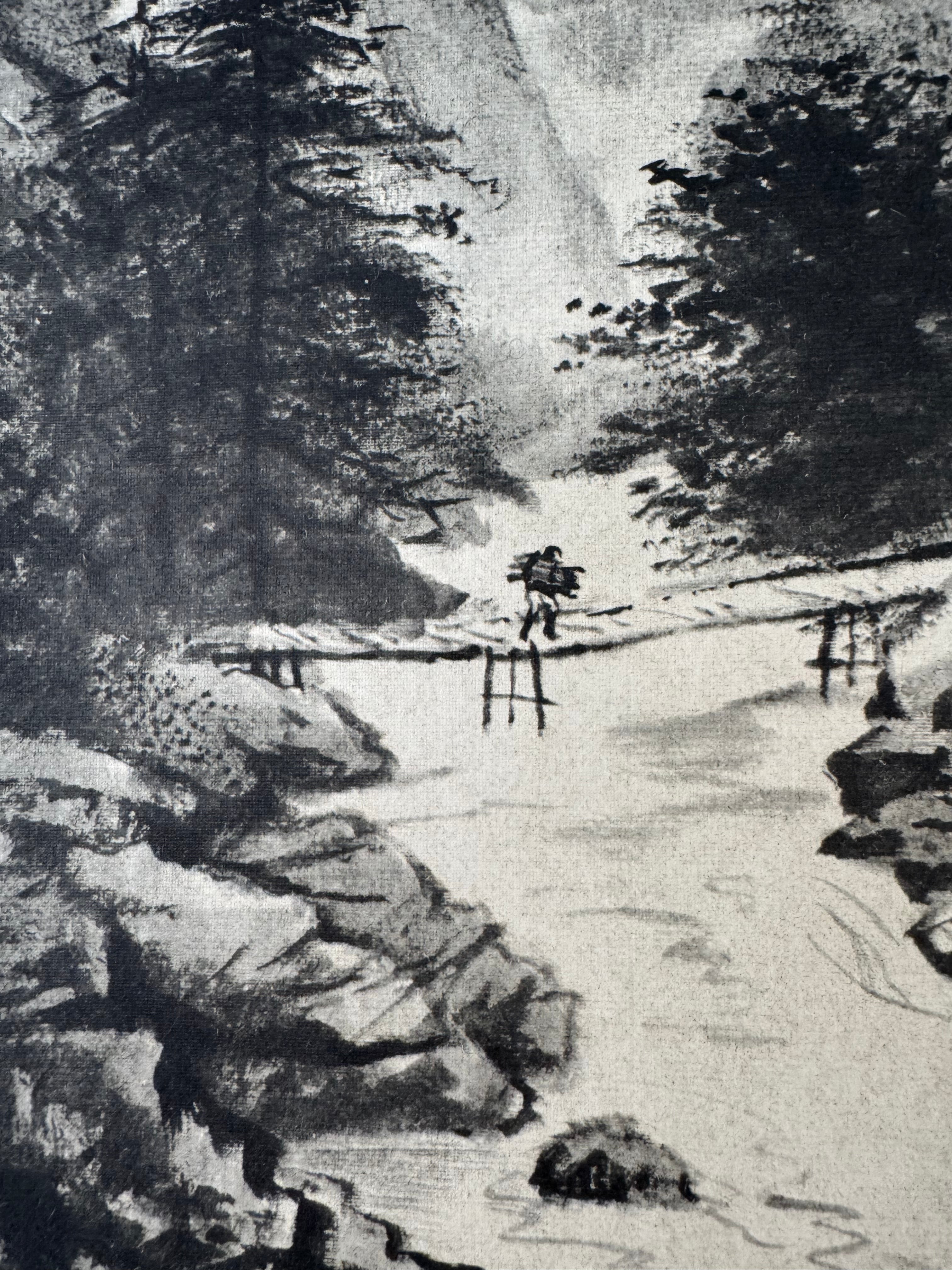 Japanese Sumi Landscape Kakemono - Mountain Gorge & Stream Hanging Scroll