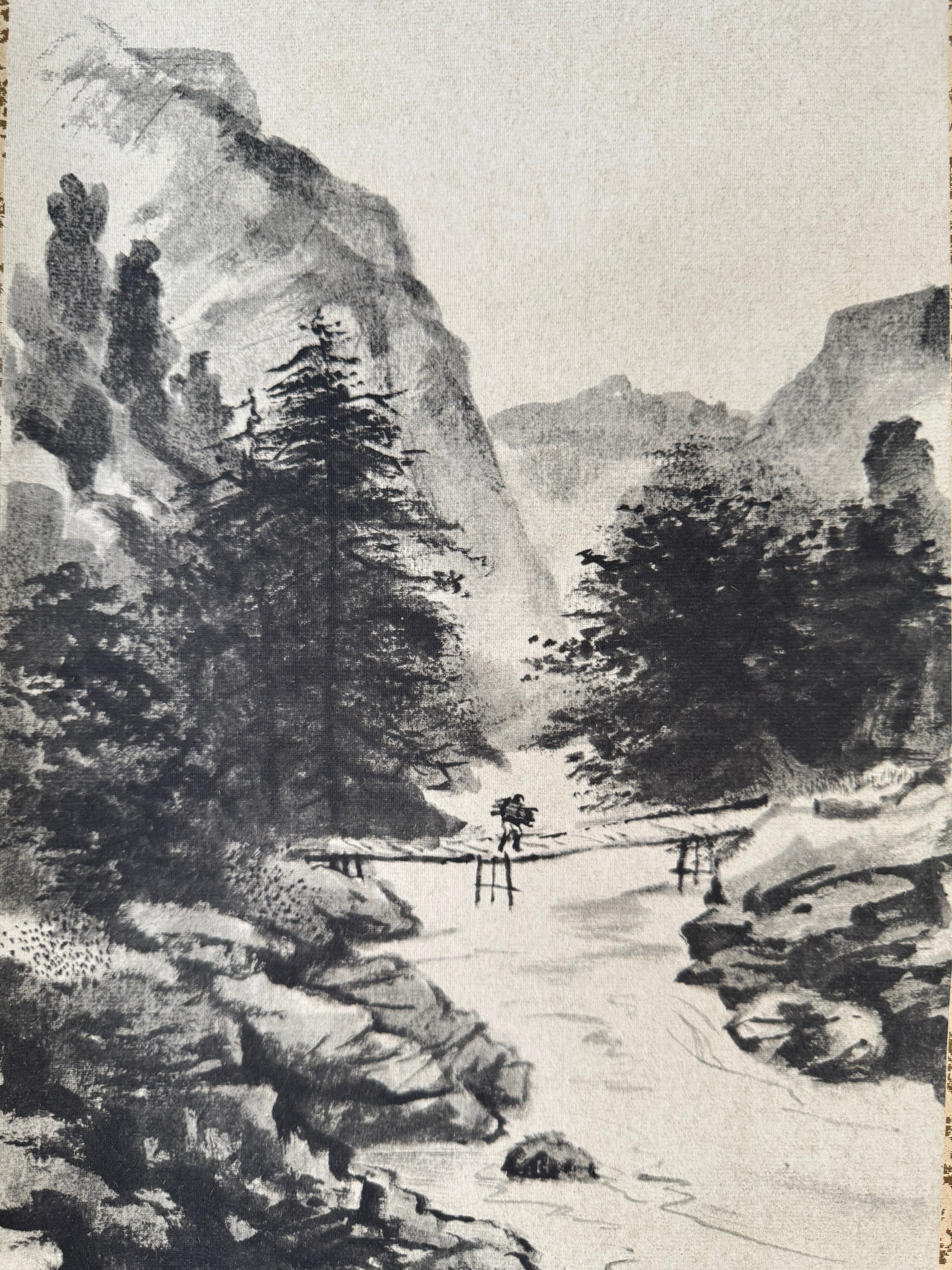 Japanese Sumi Landscape Kakemono - Mountain Gorge & Stream Hanging Scroll