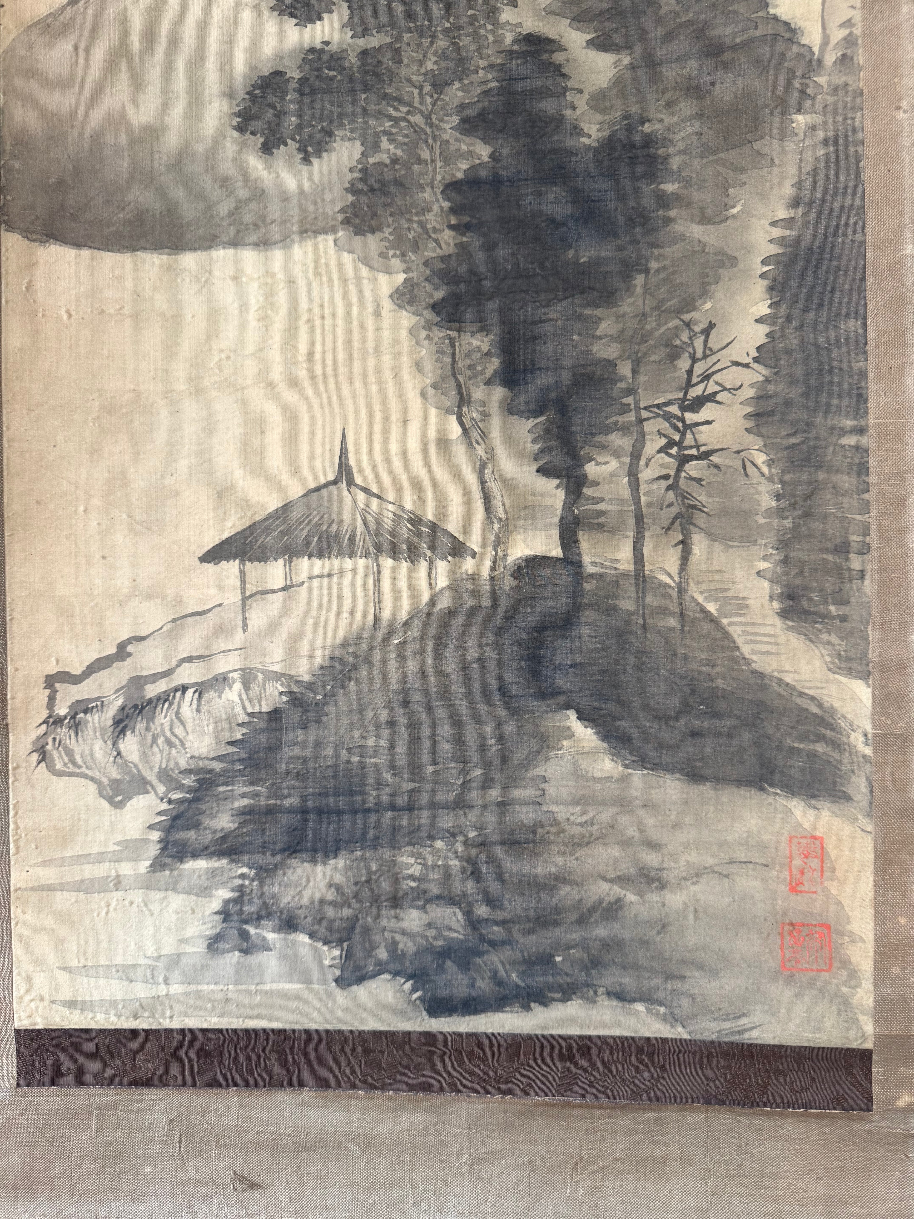 Vintage Japanese Sumi Landscape Kakemono - “Autumn Mountains, Distant Village” Hanging Scroll