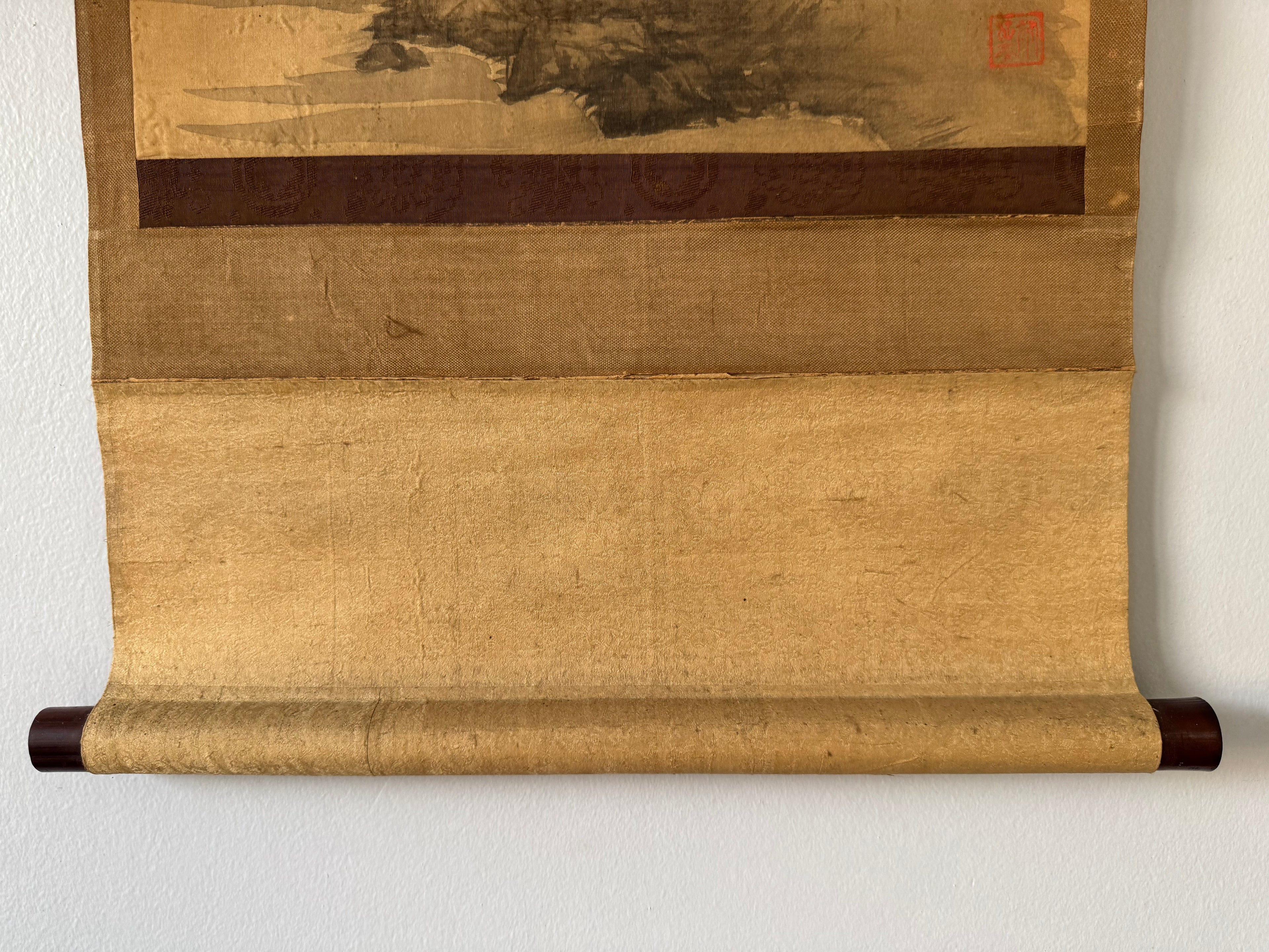Vintage Japanese Sumi Landscape Kakemono - “Autumn Mountains, Distant Village” Hanging Scroll