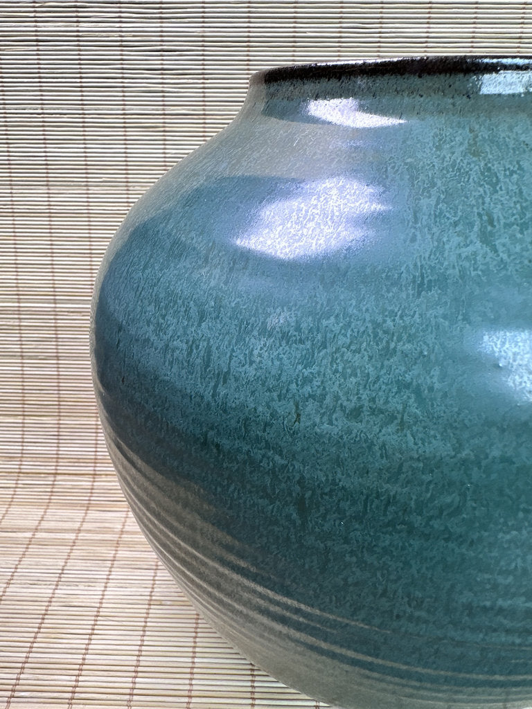 Vintage Japanese Studio Vase, Deep Blue-Teal Flowing Glaze, Signed