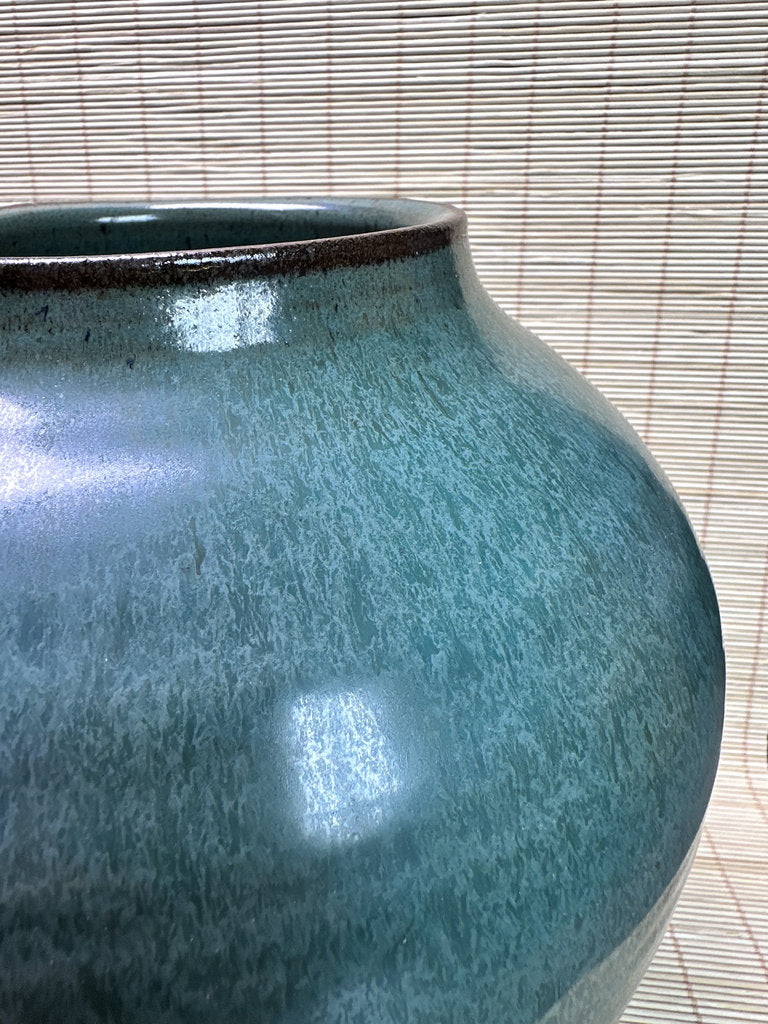 Vintage Japanese Studio Vase, Deep Blue-Teal Flowing Glaze, Signed