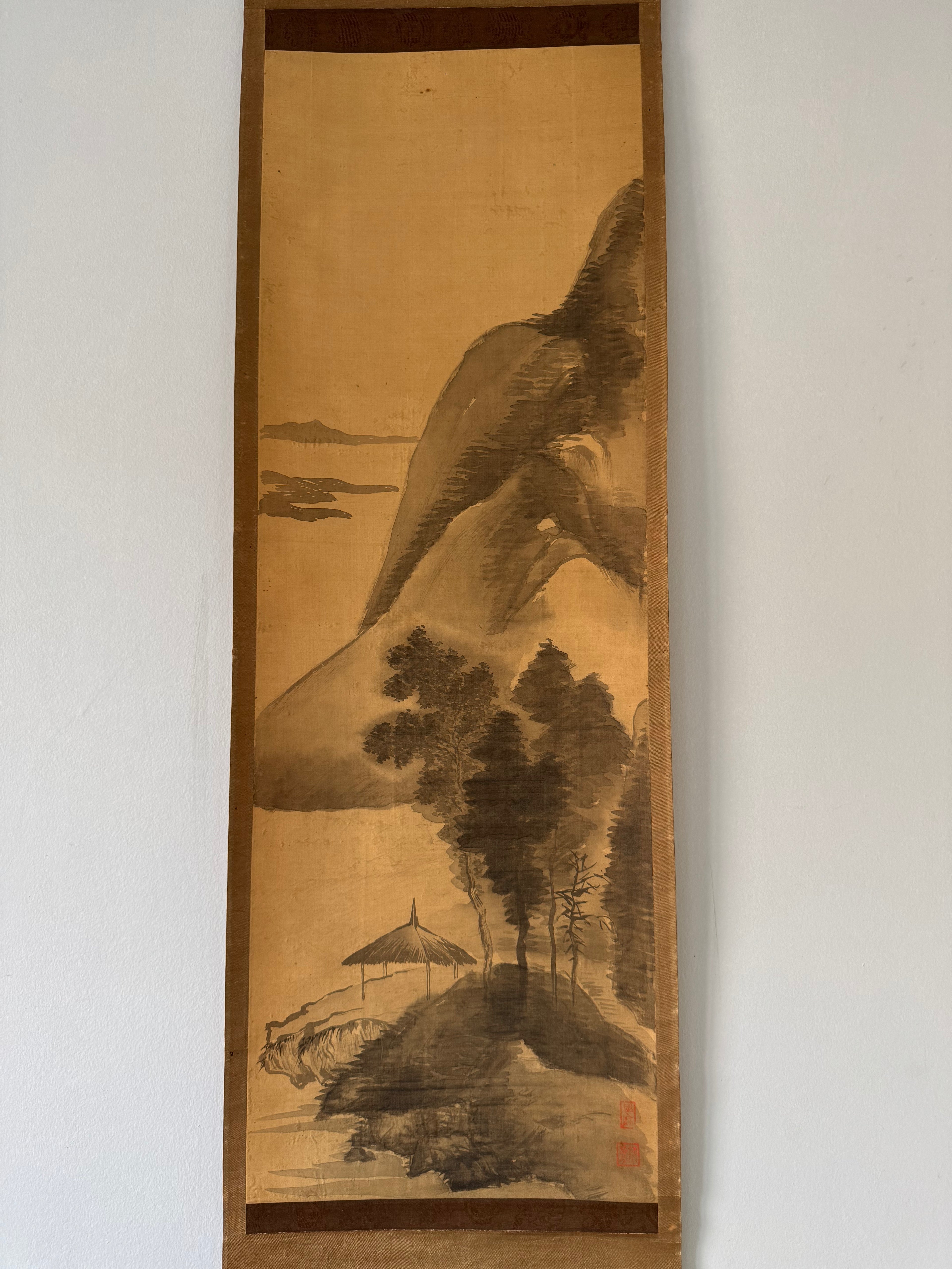 Vintage Japanese Sumi Landscape Kakemono - “Autumn Mountains, Distant Village” Hanging Scroll