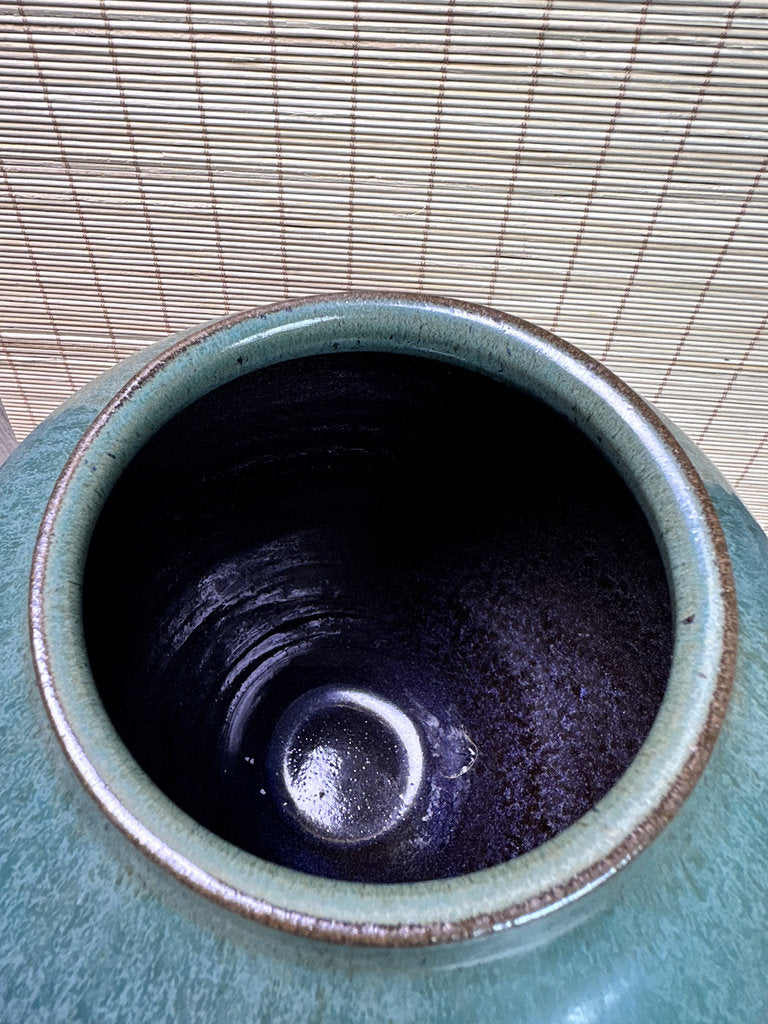 Vintage Japanese Studio Vase, Deep Blue-Teal Flowing Glaze, Signed