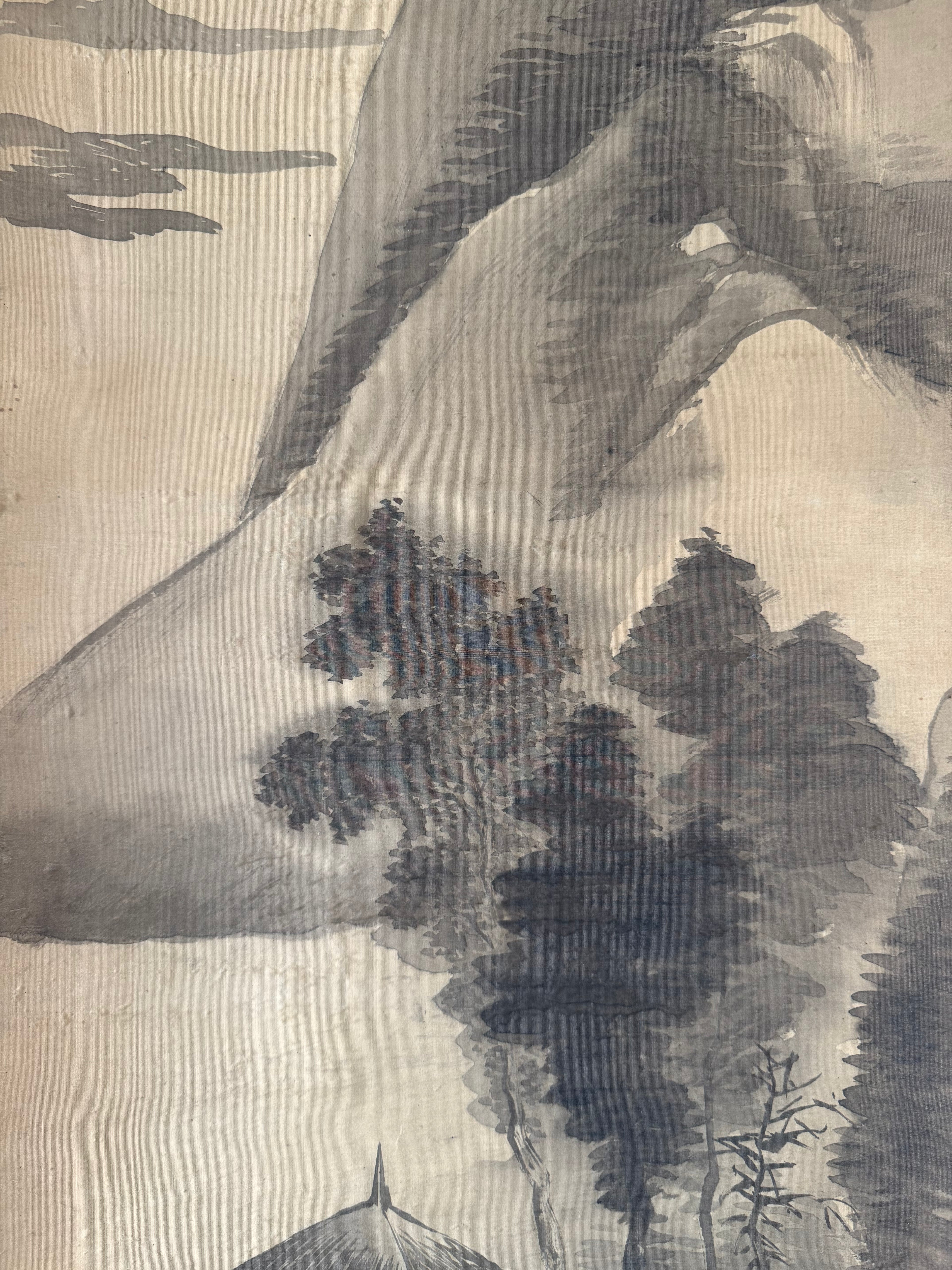 Vintage Japanese Sumi Landscape Kakemono - “Autumn Mountains, Distant Village” Hanging Scroll
