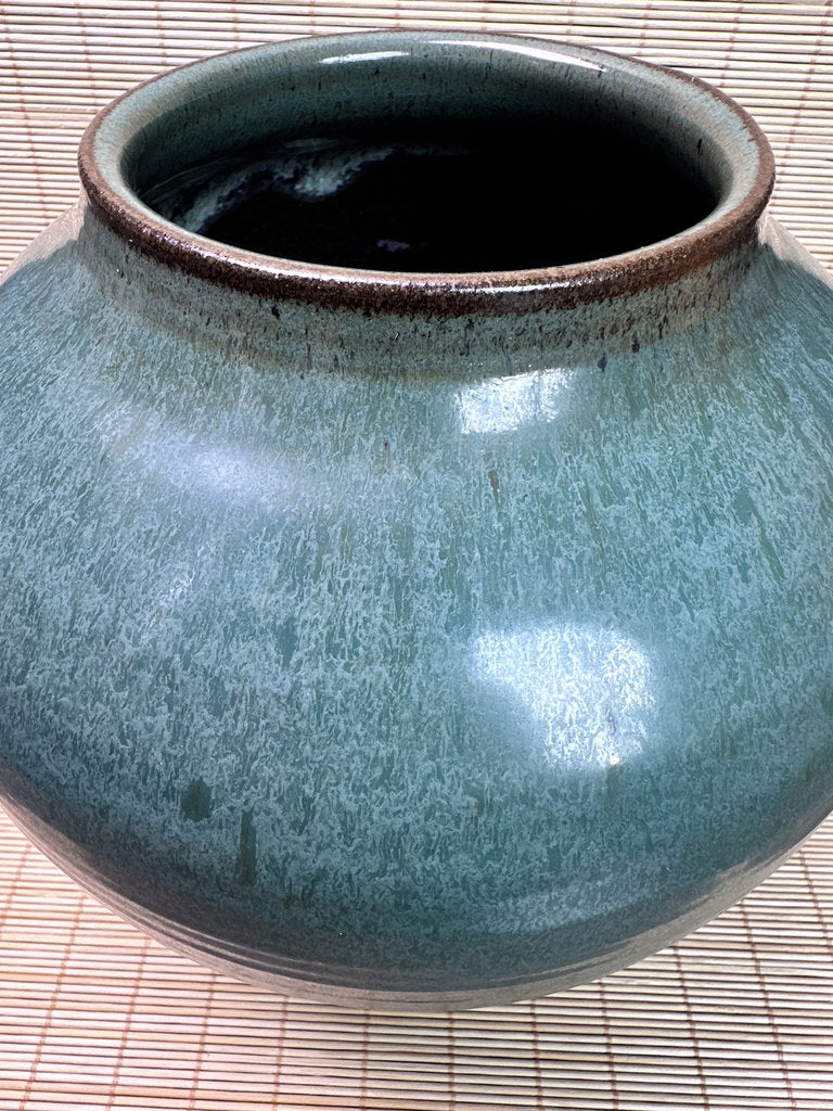 Vintage Japanese Studio Vase, Deep Blue-Teal Flowing Glaze, Signed
