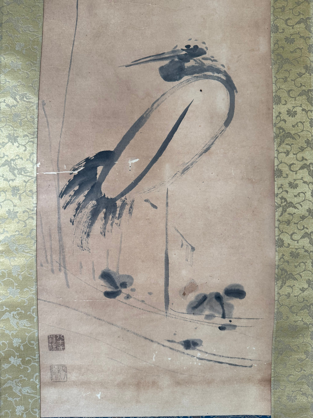 Vintage Japanese Kakemono Crane & Waka Calligraphy - Autumn Poetry Hanging Scroll
