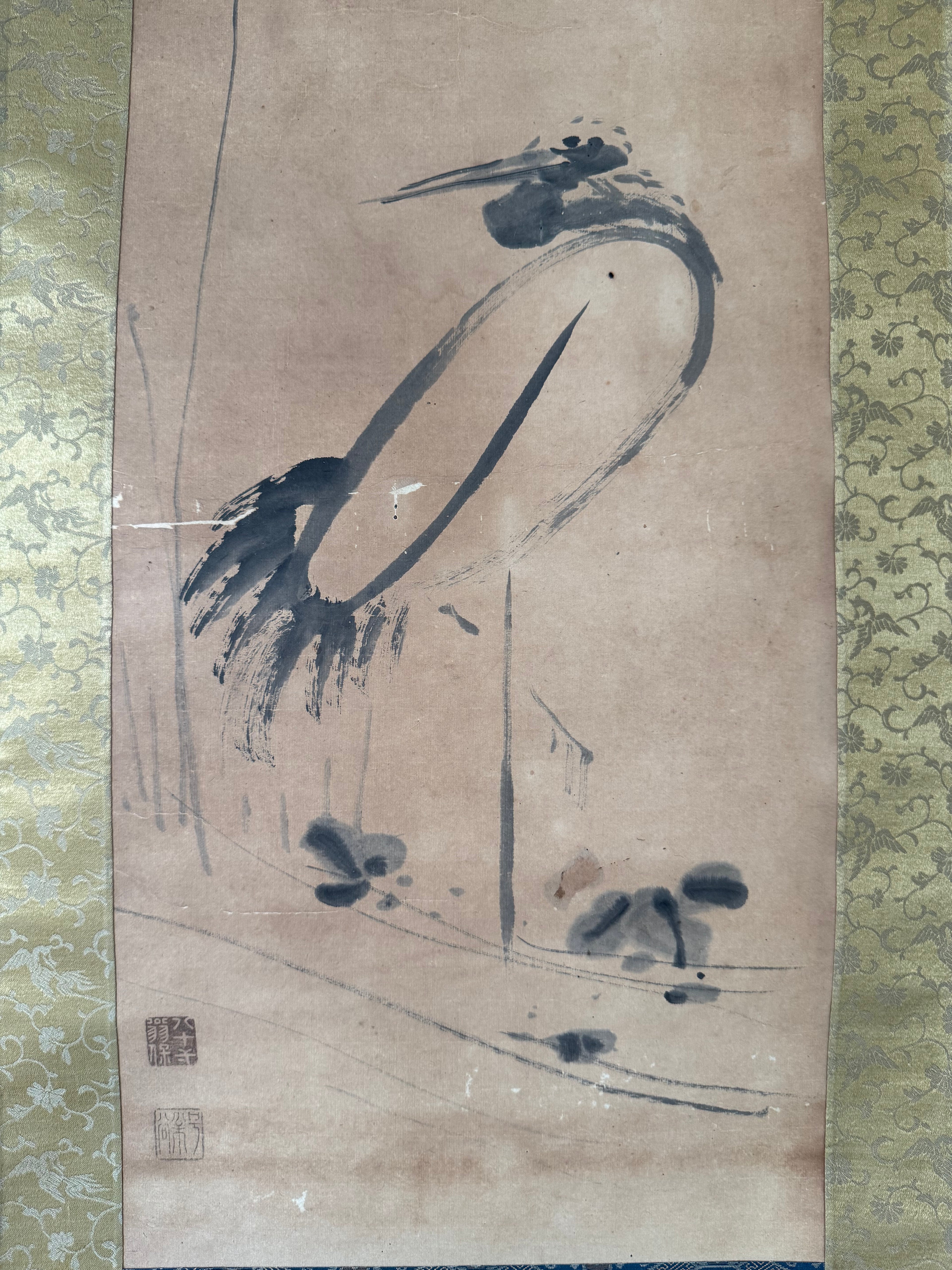 Vintage Japanese Kakemono Crane & Waka Calligraphy - Autumn Poetry Hanging Scroll