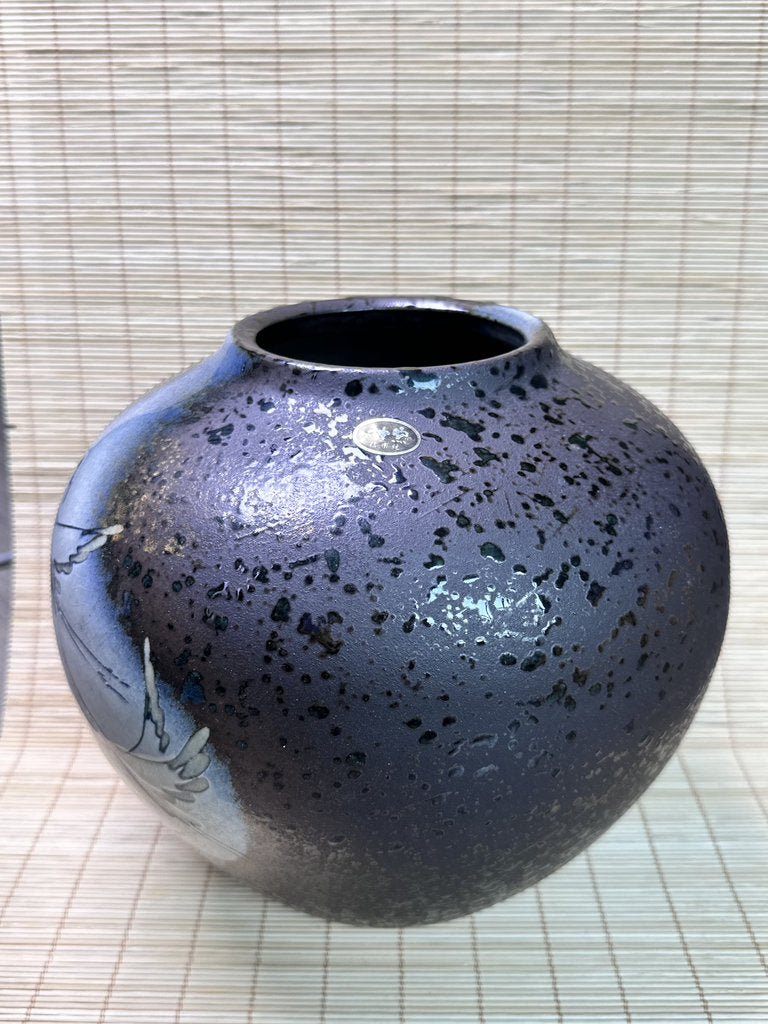 Vintage Shigaraki Ware Vase, Ash-Glazed with Hand-Painted Pampas Grass