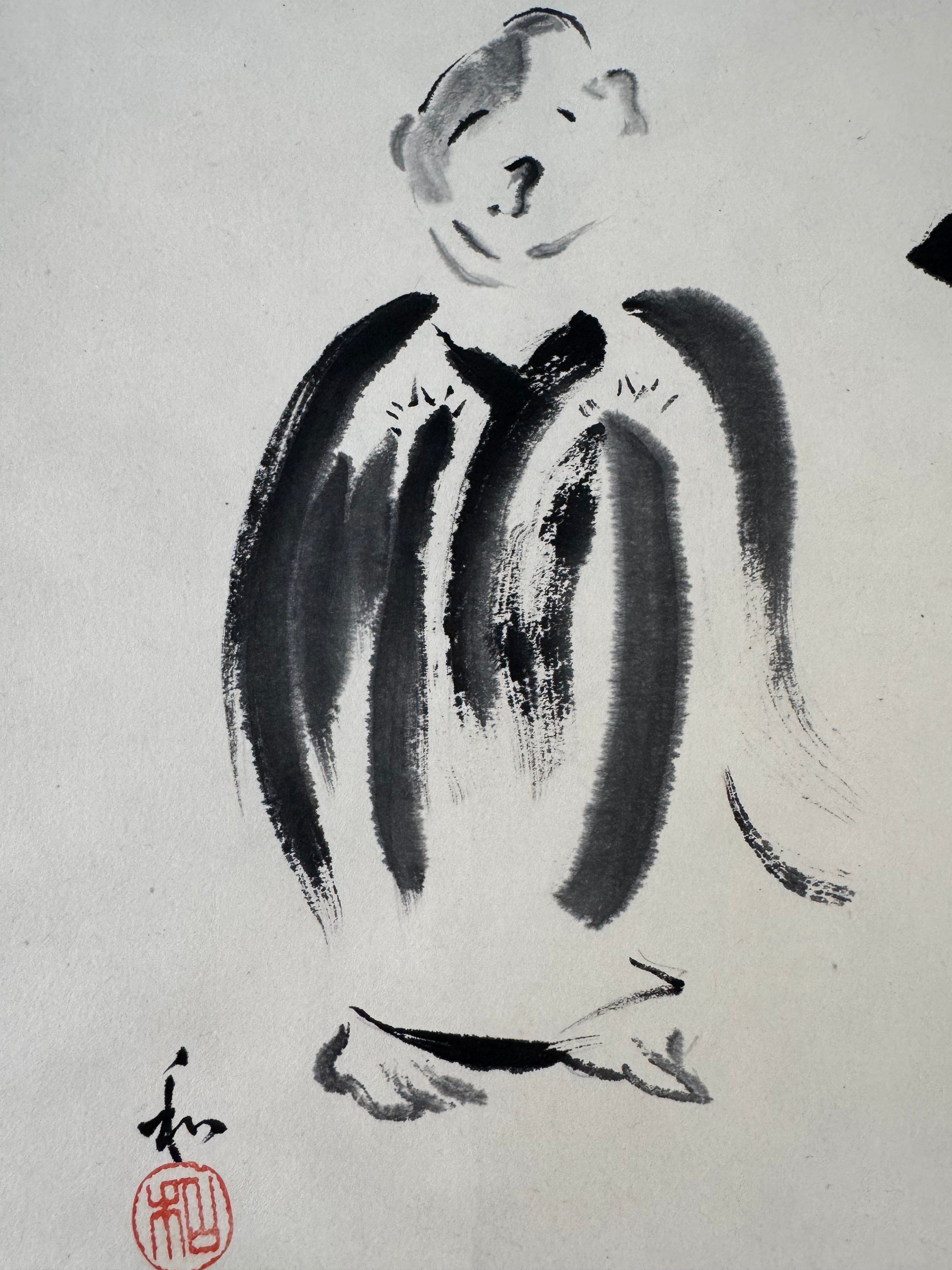 Vintage Japanese Zen Kakemono Monkey & “Katsu” Calligraphy - Sumi Zenga Hanging Scroll