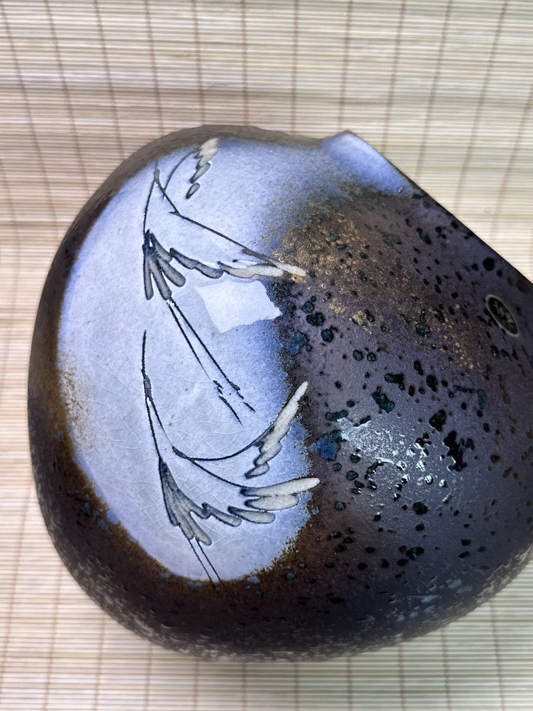 Vintage Shigaraki Ware Vase, Ash-Glazed with Hand-Painted Pampas Grass