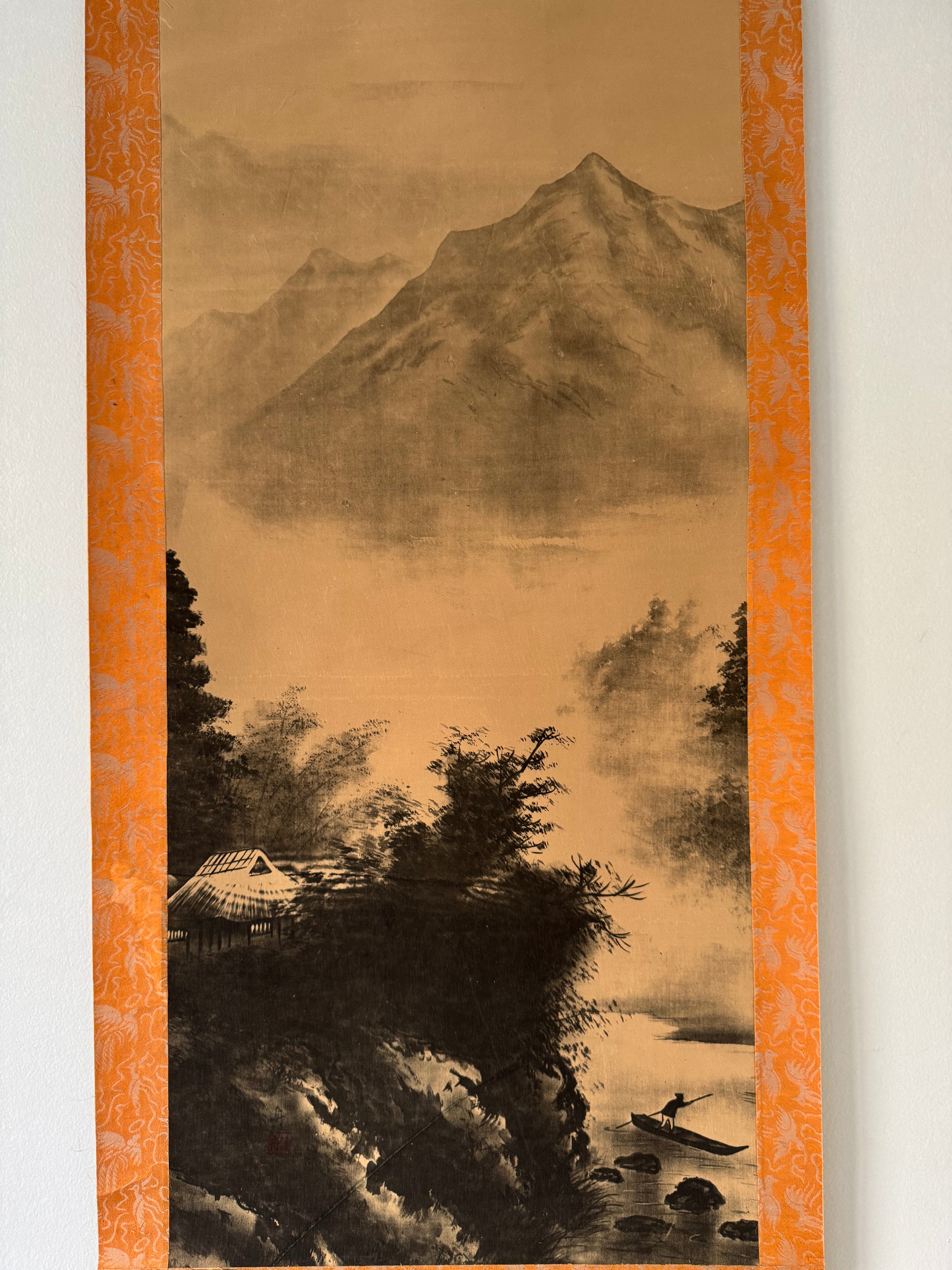 Vintage Japanese Landscape Kakemono Print - Sumi-Ink Mountain & River Hanging Scroll