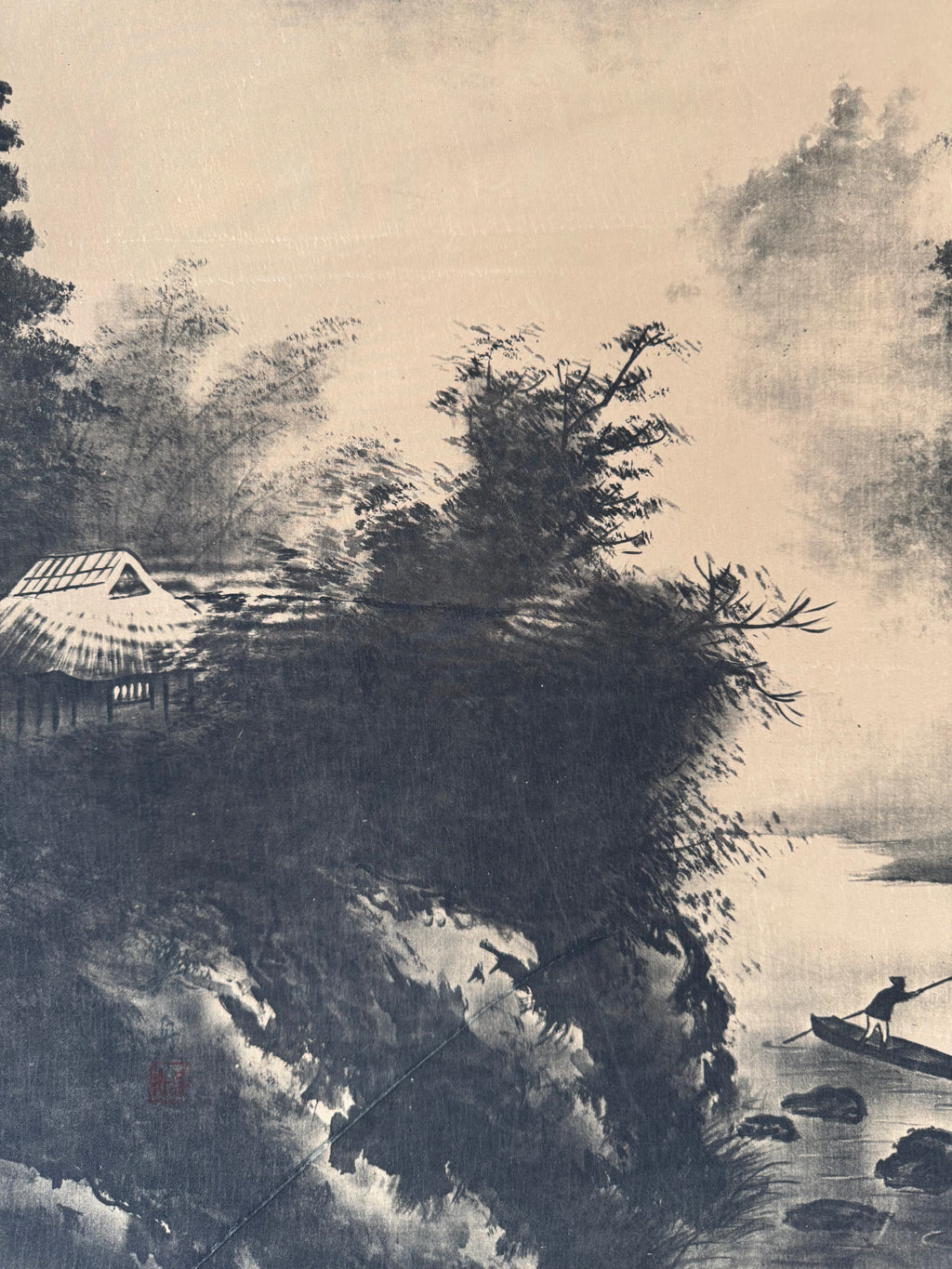 Vintage Japanese Landscape Kakemono Print - Sumi-Ink Mountain & River Hanging Scroll
